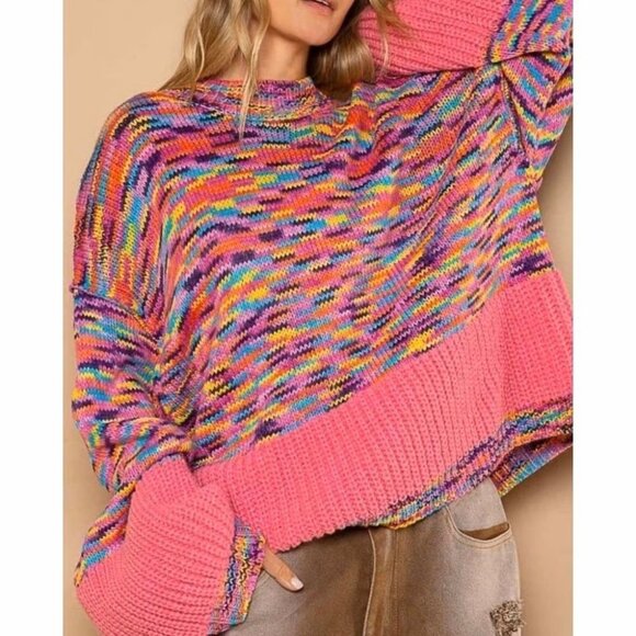 POL Size M Multicolor Pink Rainbow Colorful Confetti Boxy Oversized Sweater - Picture 2 of 16